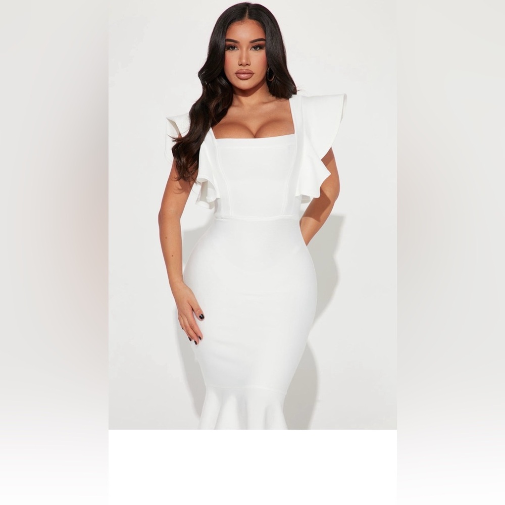 Fashion Nova White Ruffle-Sleeve Midi Sheath Dress